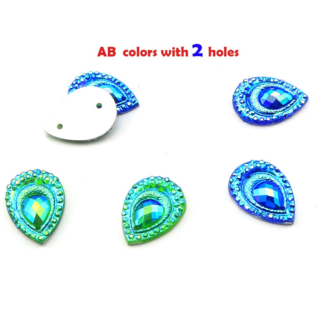 DZS Elec 50pcs Birdseye Water Drop Blue and Green Double Color Edge Flat Bottom Resin Peacock Feather Rhinestones Beads for Sewing DIY Crafts Accessories