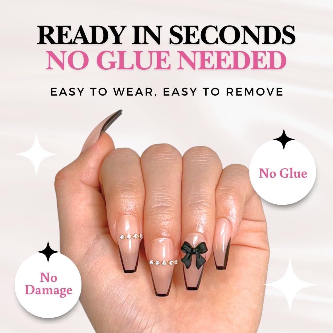 PerfectLook Press On Nails - Bow French | No Glue One-Day Long Coffin Nails, Black French Nude Nails with 3D Bow - 24 Pcs Nail Kit with Adhesive Tabs