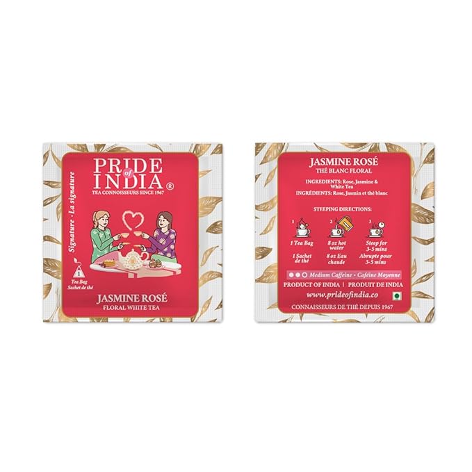 Pride of India | Jasmine Rose Royal White Tea | 15 Pyramid Full Leaf Individually Wrapped Tea Bags | Smooth & Sweet Flavor | Soothing & Calming Experience | Less Caffeine, Non-Bioengineered