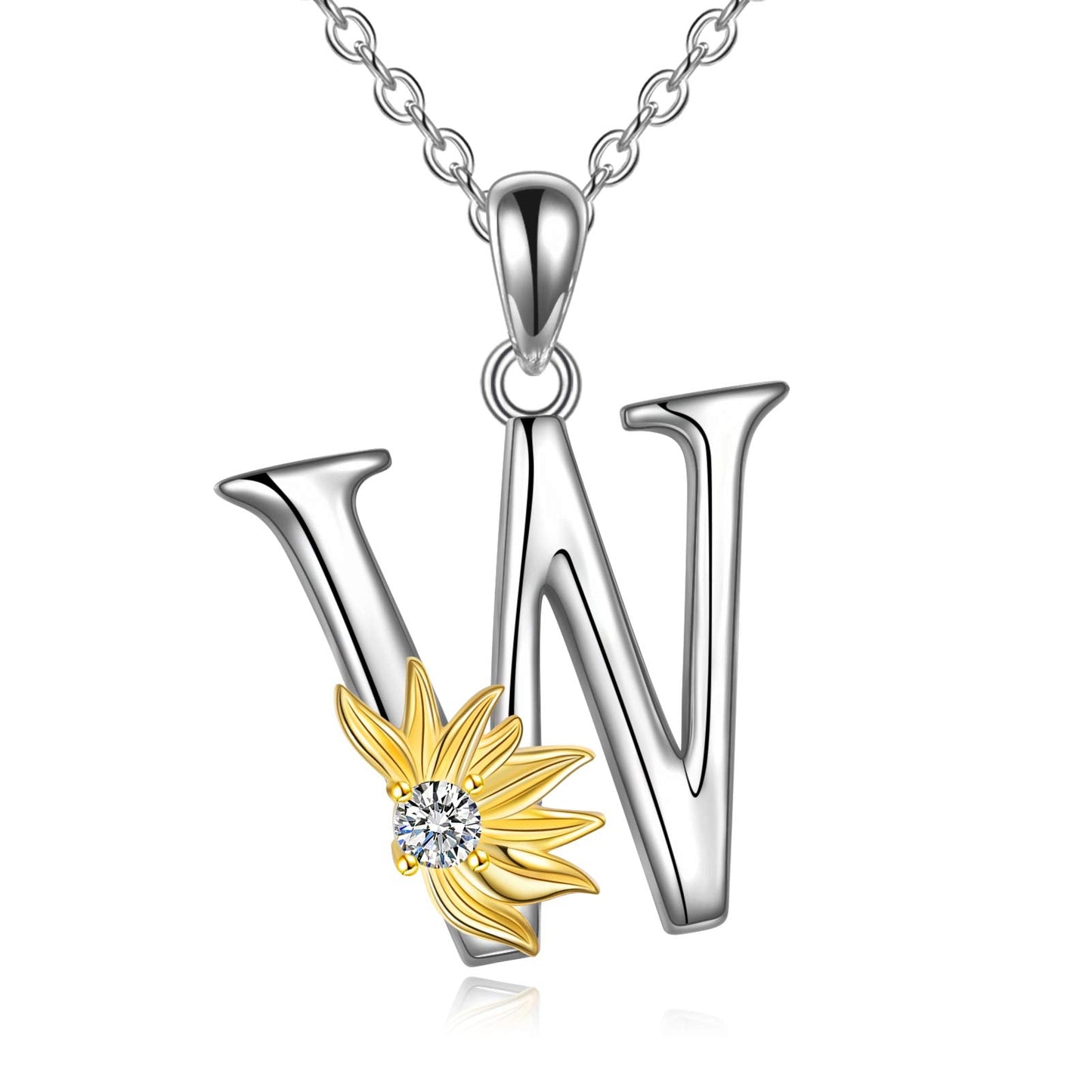 POPLYKE Sterling Silver Initial Alphabet Letter Script Name Pendant Chain Necklace for Women for (Sunflower W)