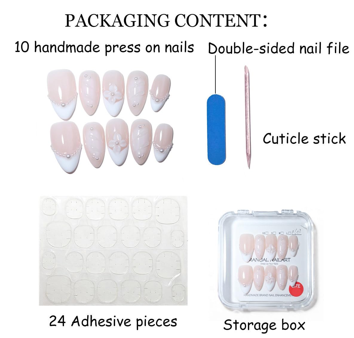 10Pcs Medium Almond Handmade Press On Nails | Easy Apply & Remove, Reusable Salon Quality Nails | Elegant Nude & White Fake Nails with 3D Floral & Pearl Accents (251217, M)