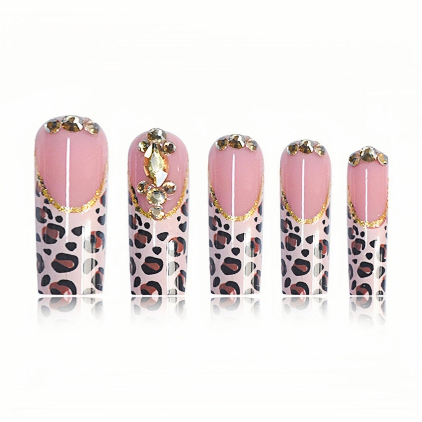 IMRAIN Long Square Press on Nails Leopard Print French Tip Fake Nails with Rhinestone Designs Brown Acrylic False Nails Glossy Fall Glue Stick on Nails for Women 24Pcs