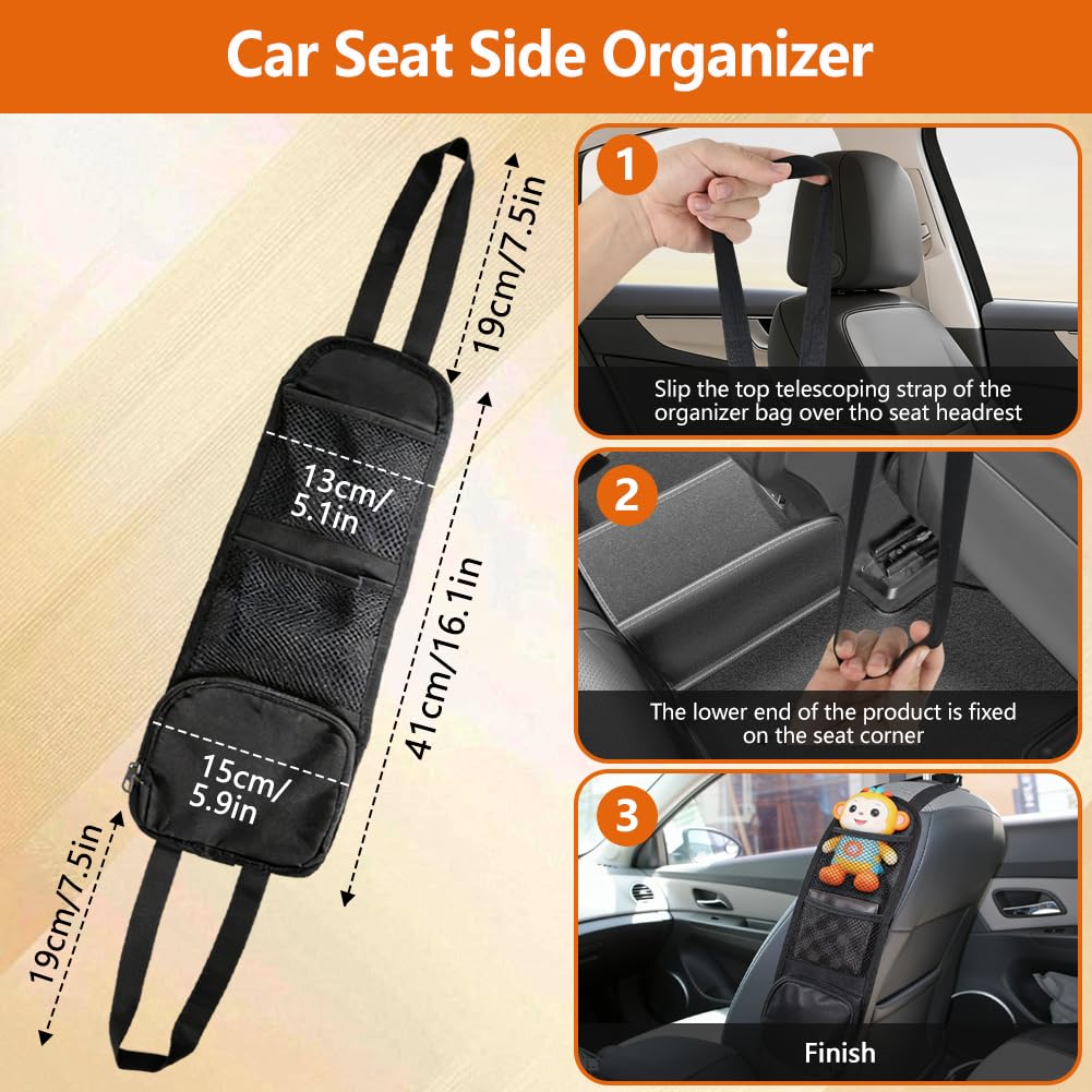 SEILETOO Back Seat Car Organizer with Car Seat Storage Hanging Bag, 4 in 1 Multifunctional Car Seat Back Storage Box, Car Organizer Back Seat with Tray, Hold Phone,Snacks, Drinks, Handbag