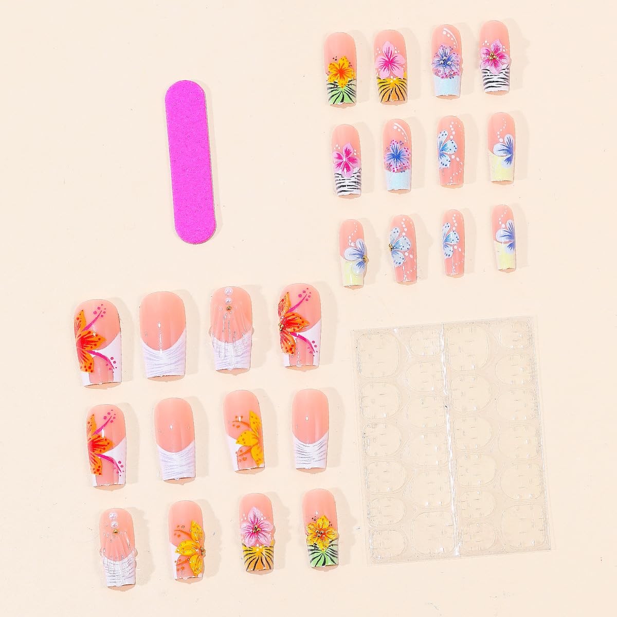 plalely Press on Nails French Tip, Handmade Acrylic Press on French Tip Nails with Flower Designs，Long Square Nail Press Ons for Women 24pcs