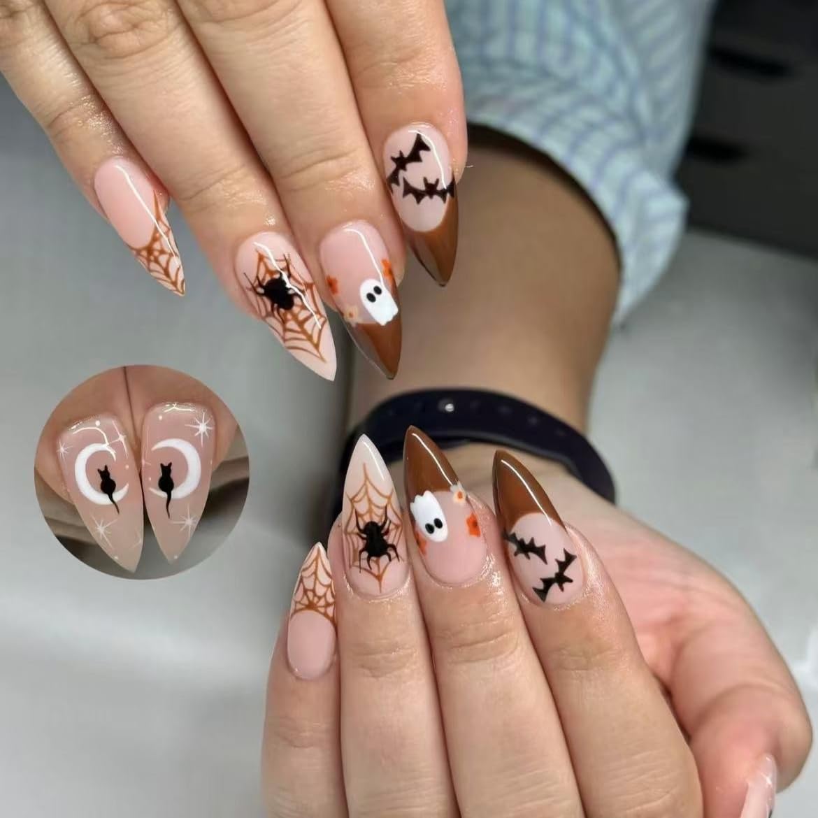 Handmade Press on Nails Halloween Press on Nails French Tip Fake Nails with Black Bat Spider Web Bow Full Cover Stick on Nails for Women DIY 10Pcs (MT-152-M)