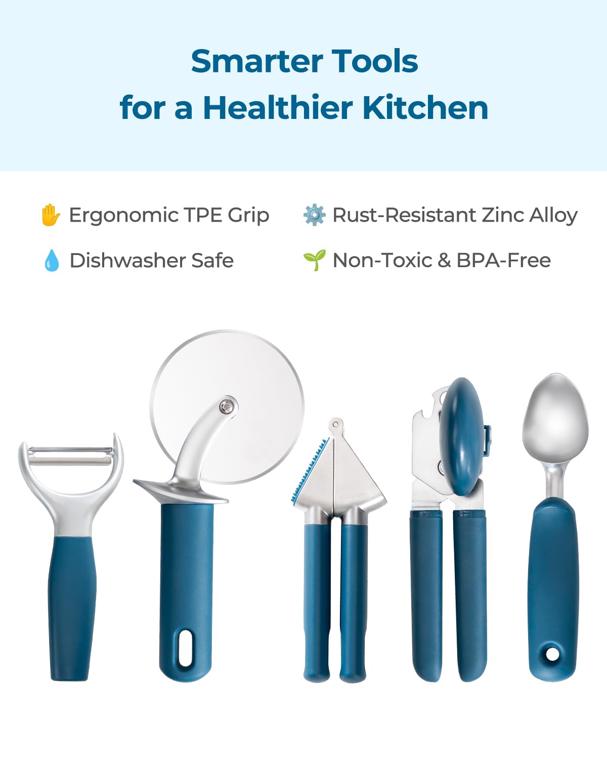 OOU Kitchen Gadget Set, 5 Piece Premium Zinc Alloy Kitchen Tools with Ergonomic TPE Handles – Includes Can Opener, Pizza Cutter, Garlic Press, Ice Cream Scoop, Peeler, and Wooden Storage Tray