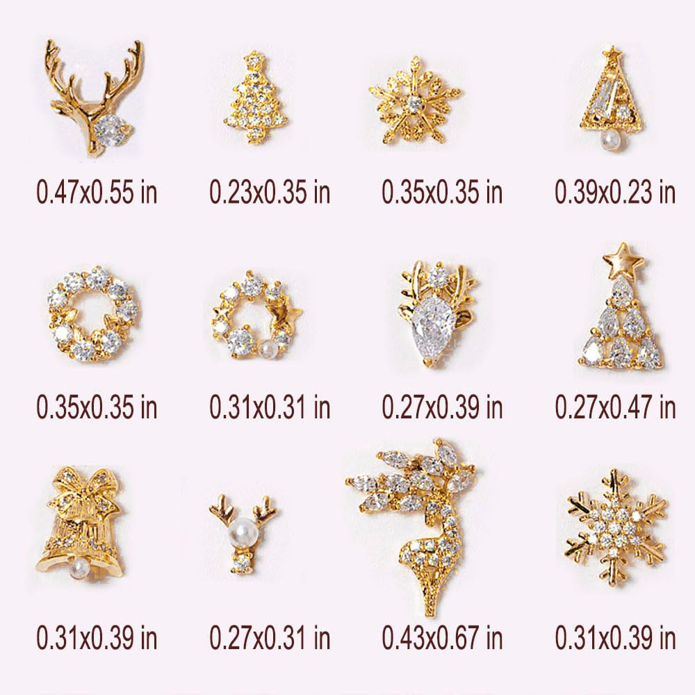 24pcs Luxury Zircon Christmas Nail Charms - 3D Snowflake, Elk, Xmas Tree, Garland Decorations - Gold Art Rhinestones Gems for Nails