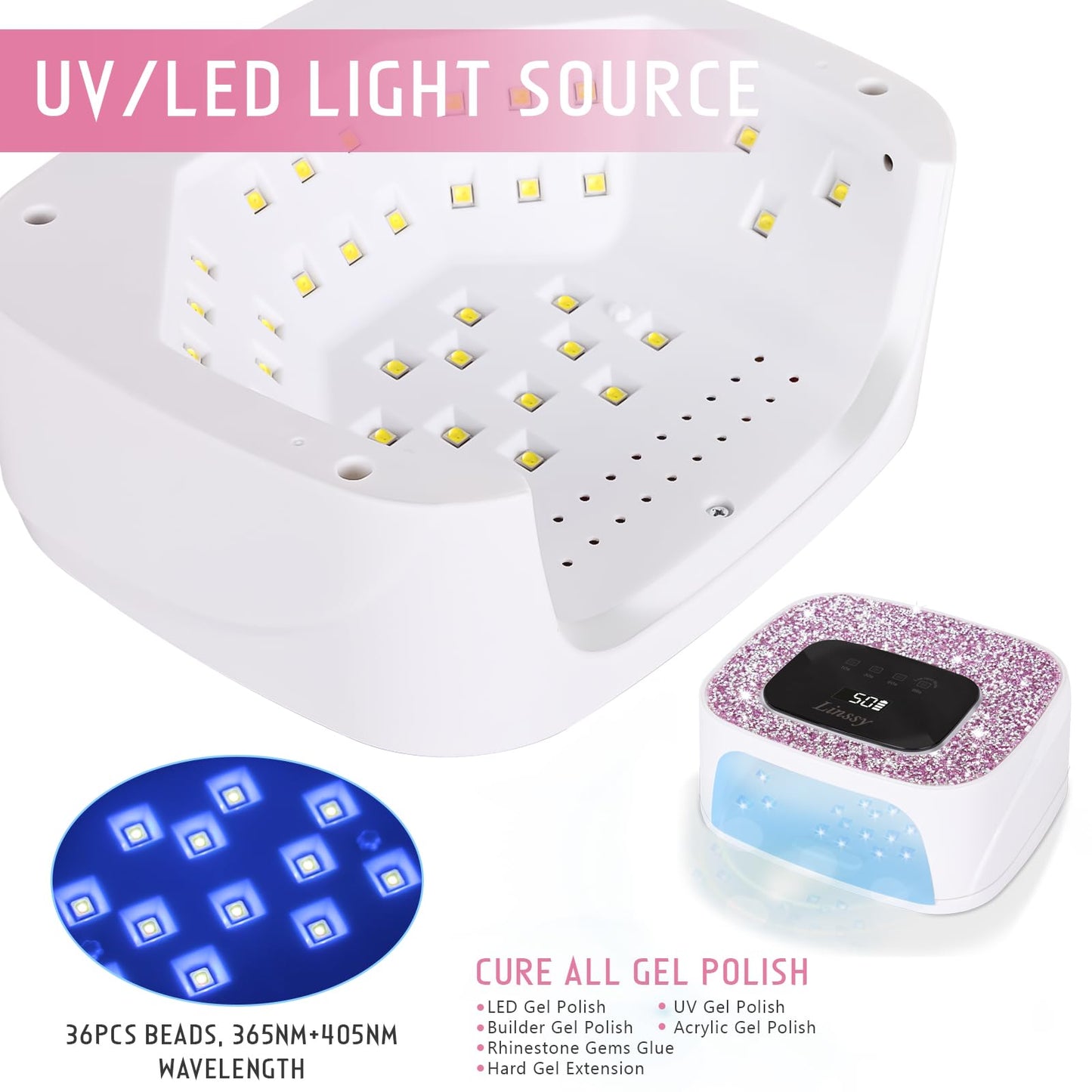 Linssy Rechargeable UV/LED Nail Lamp with Auto Sensor, Portable Cordless Gel Nail Dryer Light 4 Timings & Diamond LCD Screen, UV Light for Gel Nails at Home Salon (White)