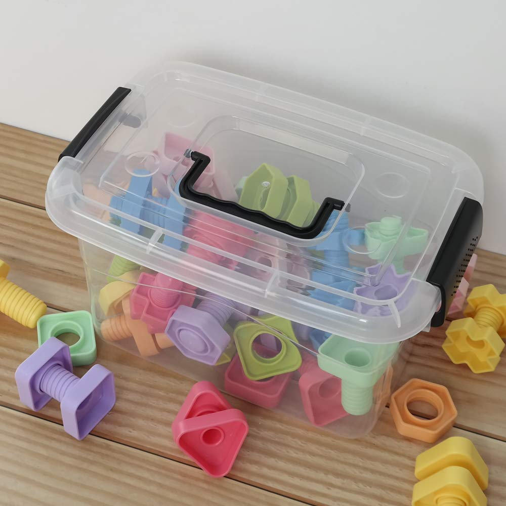 Doryh 5 L Plastic Storage Bin with Lid, Clear Transparent Box With Black Handles Set of 6