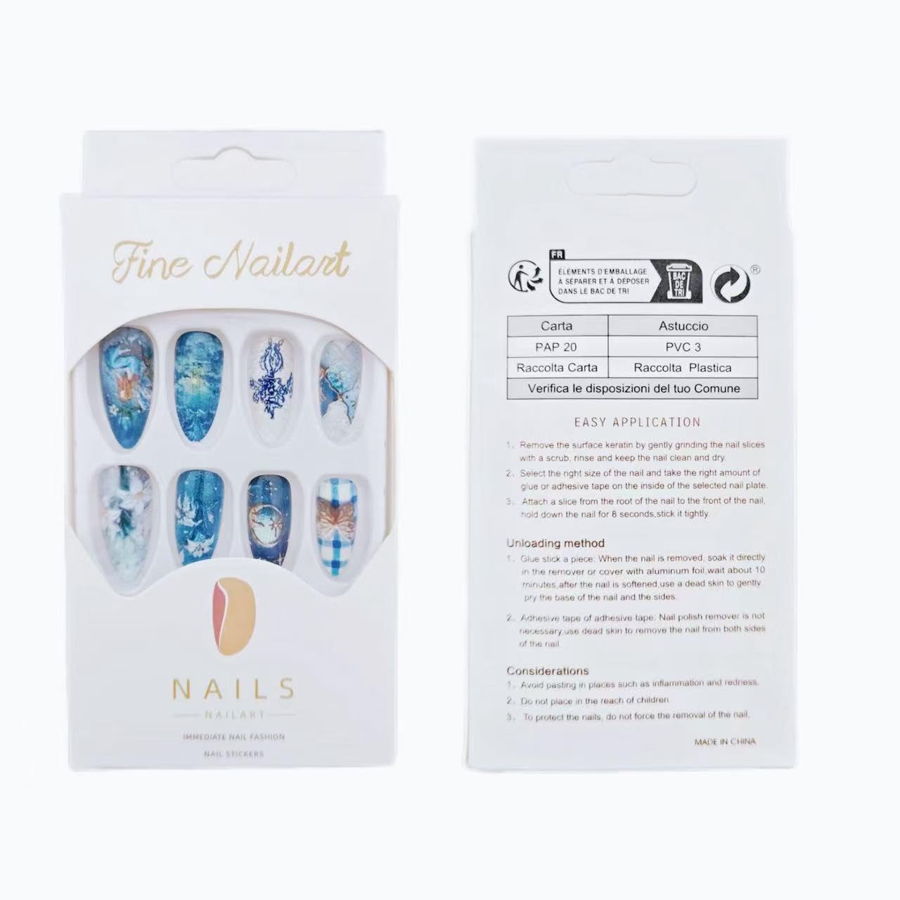 C.Z.Z.T.T.NAILS Fine Nailart Press On Nails, 24 Pieces Almond Shaped, Blue Fantasy Floral Design with Moon and Stars Pattern, Reusable Artificial Nail Tips