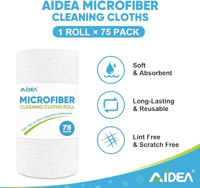 AIDEA Microfiber Cleaning Cloth Roll White, 75PK, Microfiber Towels for Cars, Tear Away Reusable Paper Towels, Commercial Shop Rags, Lint Free Rags for House, Kitchen, Automotive, 11.5"×11.5"