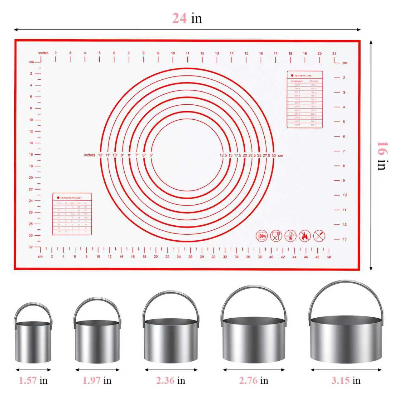 Frapkom Biscuit Cutter, Silicone Pastry Dough Baking Mat Set, Baking Tools and Accessories Kit (4 Pcs/Set)