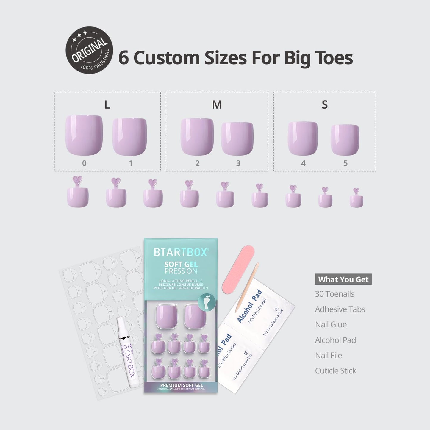 BTArtbox Press On Toenails - First Step, Easy-to-Apply Pastel Light Purple Short Square Toe Nail Press Ons with Glue and Adhesive Tabs in 15 Sizes - 30 Toenails All-in-One Kit