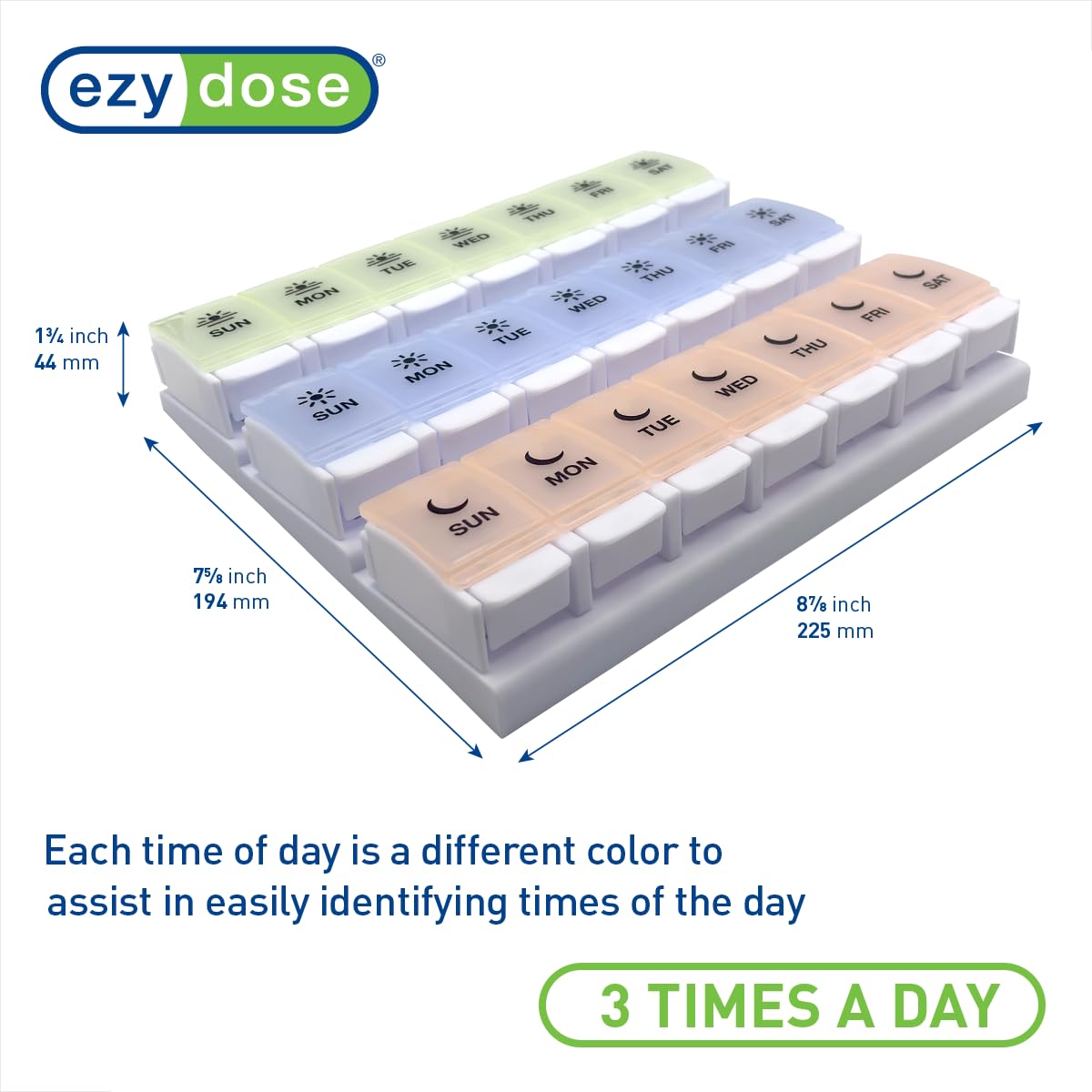 EZY DOSE Weekly (7-Day) Pill Case, Daily Medicine Planner, Vitamin Organizer Container, Large Push Button Compartments, Easy to Use, 3 Times a Day, Spring Open Design, Pastel Rainbow Lids, BPA Free