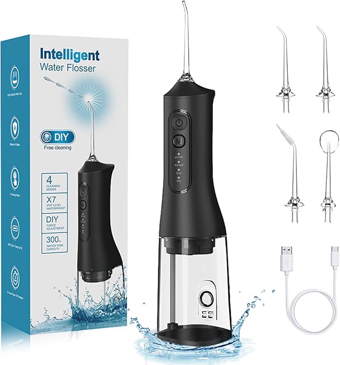 Portable Cordless Water Dental Flosser Teeth Pick 300ML Rechargeable Oral Irrigator with 4 Modes, IPX7 Waterproof,Powerful Flossing for Gum Care, Braces, and Deep Cleaning (Black)