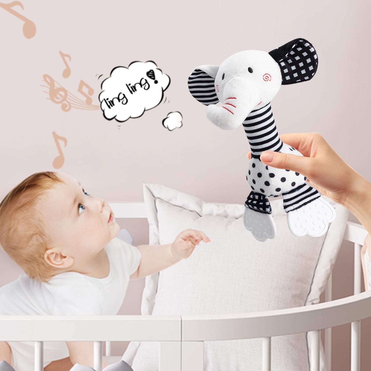 JINBOBUBU Black & White Elephant Baby Toys 0-12 Months - Plush Sensory Rattle with Teether, Wind Chime, BB Squeaker & Embroidery for Visual, Hearing & Cognitive Development
