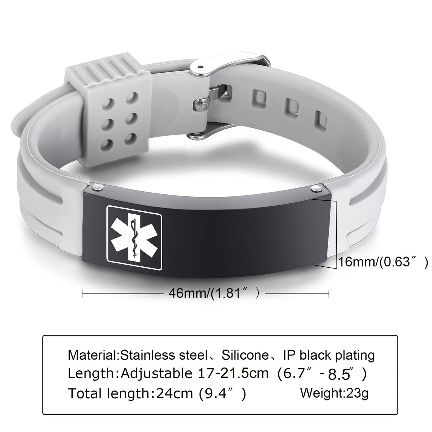 VNOX Customize Emergency Jewelry Medical Alert ID Grey Silicone Stainless Steel Adjustable Bracelet