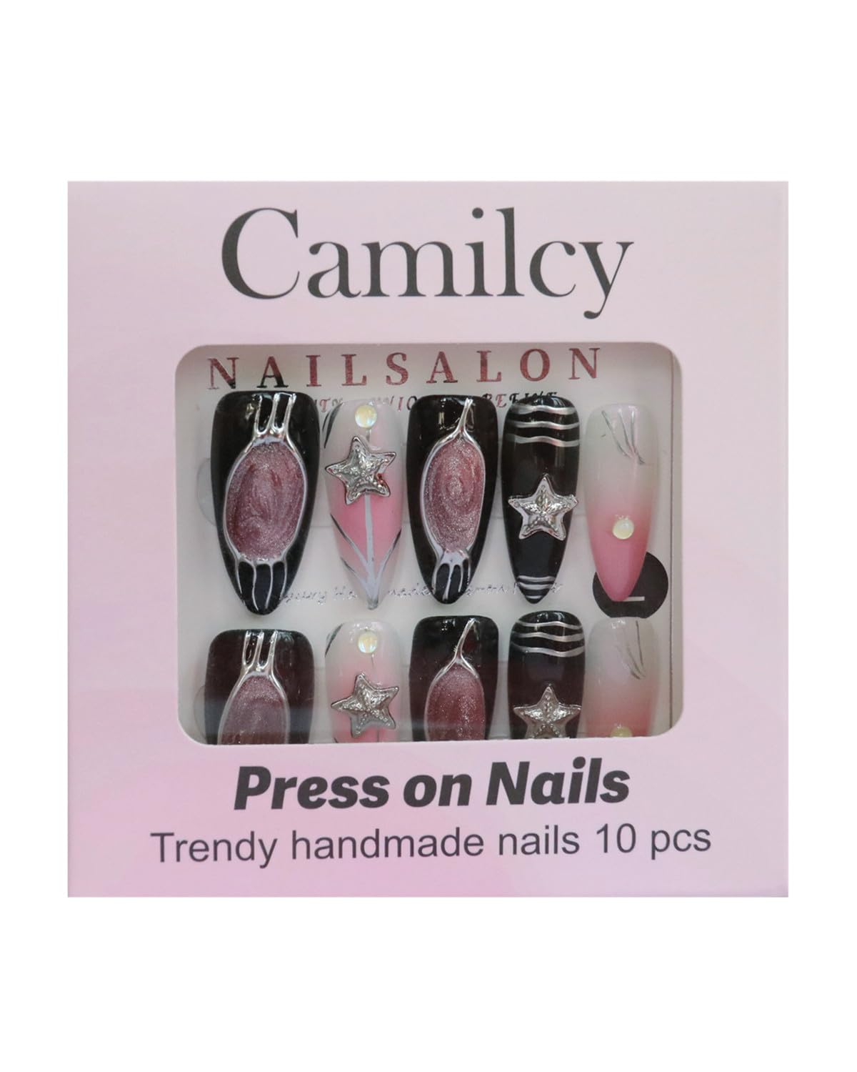 CAMILCY Luxury Handmade Press on Nails Y2K Pink Black Nails Long Stiletto Handmade Chrome Star 3D Design Glossy Acrylic Fake Nails Goth Reusable Stick on Nails for Women 10pcs(A045, S)