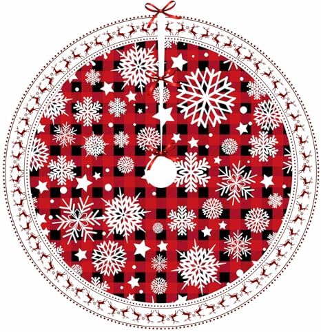 Snowflake Christmas Tree Skirt 48in Red Black Buffalo Plaid Christmas Tree Skirts Rustic Thick Xmas Tree Skirt with Snowflake Winter Happy New Year Decoration for Christmas (red +Black 48in)