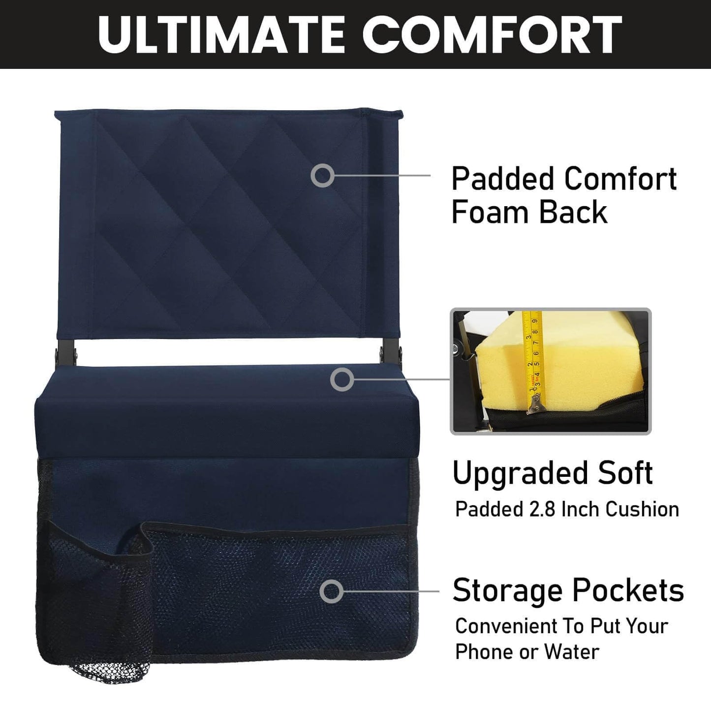 Sheenive Stadium Seats for Bleachers with Back Support, Bleacher Seats with Backs and Cushion Wide, Padded Portable Folding Comfort Stadium Chair with Shoulder Strap,Perfect for Sport Events Navy Blue