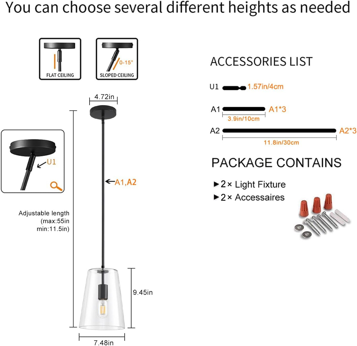 Black Big Pendant Lights Kitchen Island - Clear Glass Pendant Light Fixture Multiple Stems Rods 3 Units 12 Inch 3 Units 4 Inch (2 Pack Black Downrod Pendant with 7.5in W 9.5in H Shade)