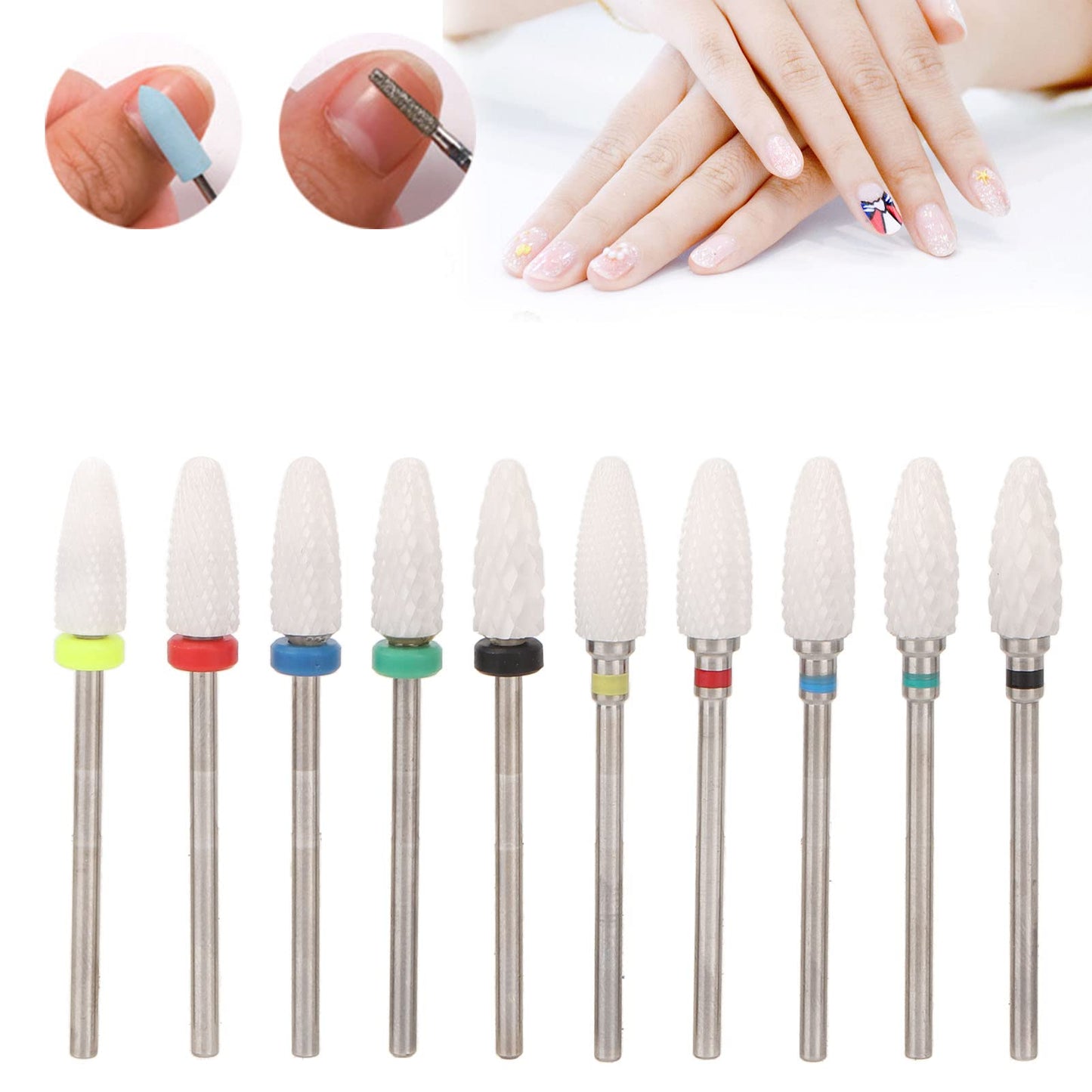 10 pcs Ceramic Nail Drill Bits Set, Electric Nail Files, Cuticle Polishing Bits for Acrylic Gel Nails, for Manicure and Pedicure for Nail Grinding