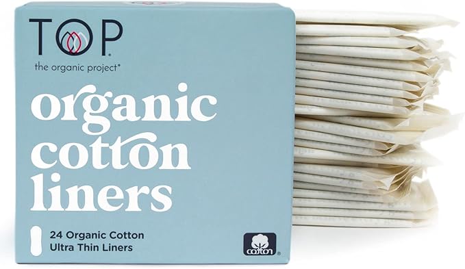 TOP: Certified Organic 100% Cotton Ultra Thin Panty Liners | Non-Toxic, Biodegradable, Plant Based, Made in Europe, (Mom Created, Comfortable, Discreet, Fragrance & Dye Free, Women & Teens), 24 Count