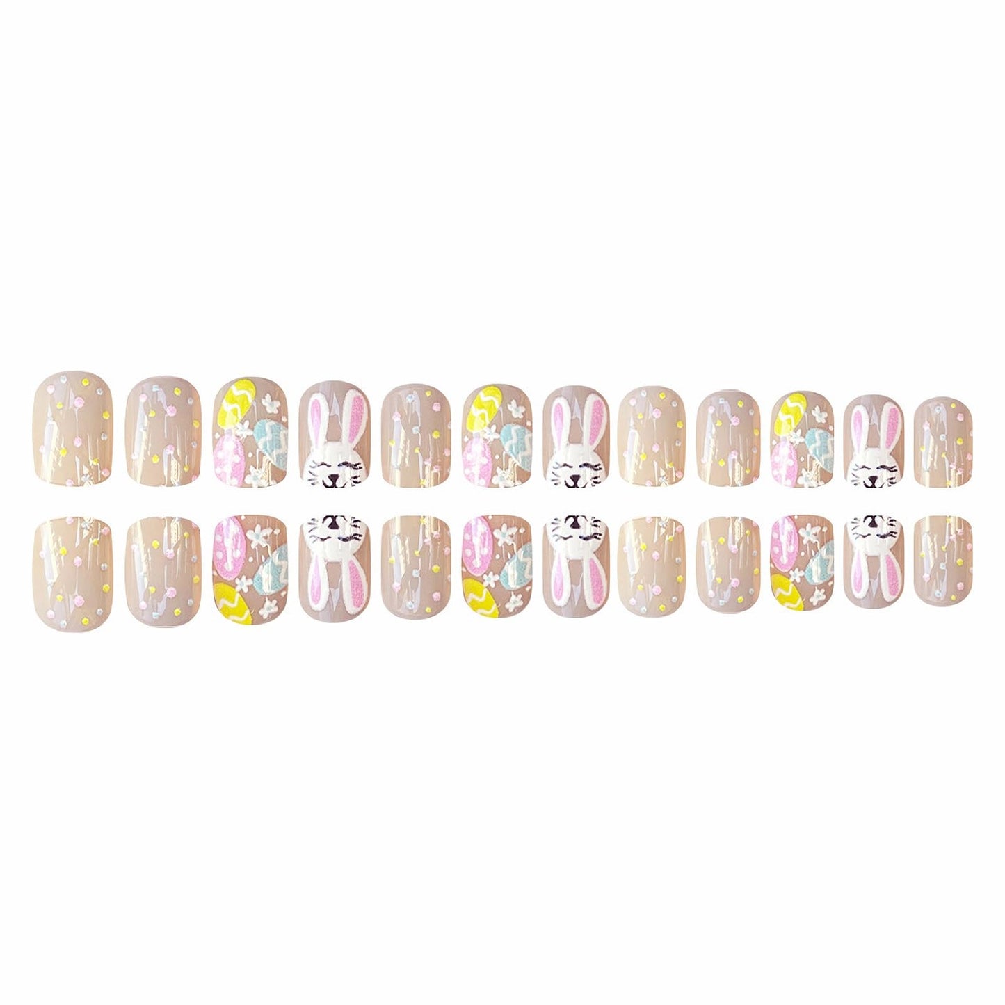 MISUD Press on Nails - Short Square Fake Nails with Colorful Polka Dot, Acrylic Easter Bunny Eggs Design 24 pcs