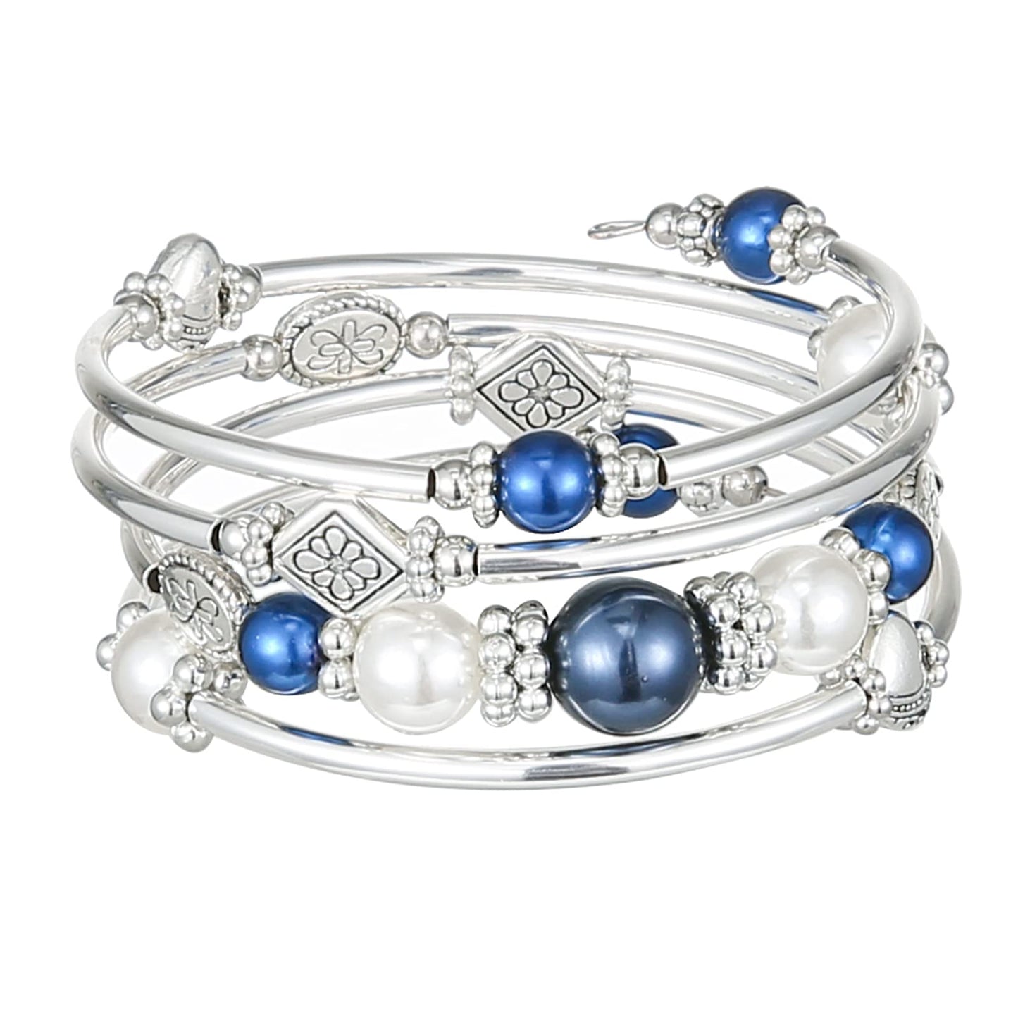 FULU AUTUMN Beaded Pearl Bangle Bracelets for Women Silver Wrap Bangles Bracelet Womens Costume Jewelry Fashion Gift(18-Blue)
