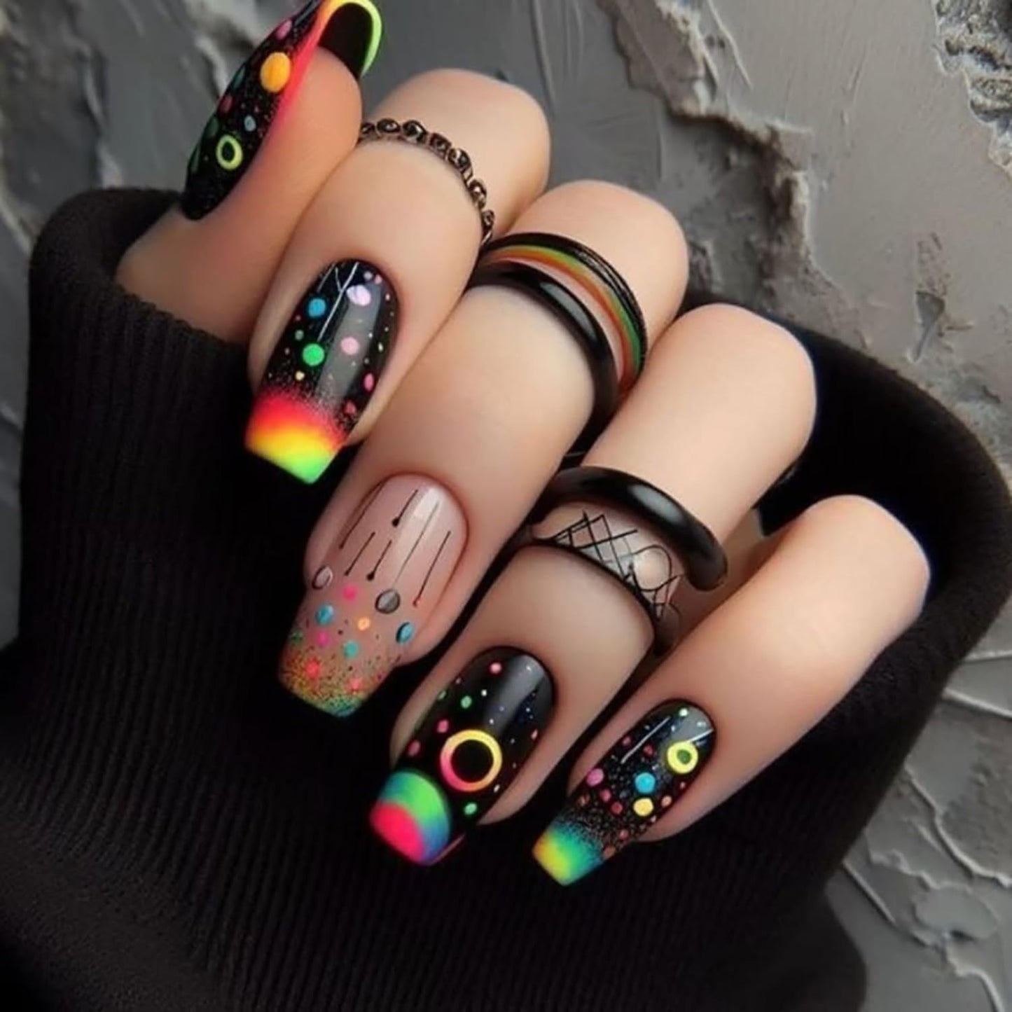 Press on Nails Medium Ballet Shaped Black False Nails Rainbow Gradient Press Nails Colorful Circle Pattern Design Artificial Nails Full Cover Stick on Nails Acrylic Glue on Nails for Women 24Pcs