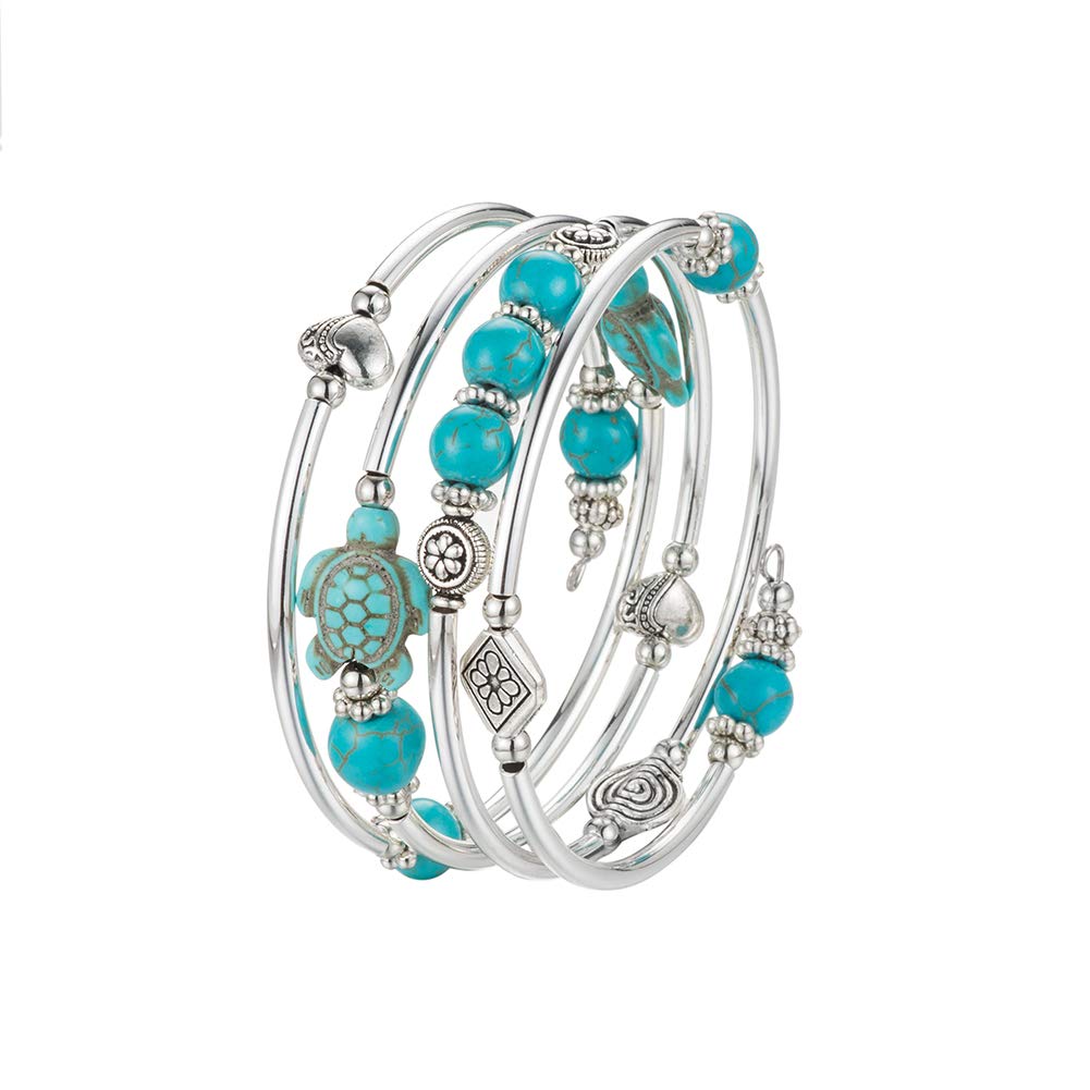 BULINLIN Layered Wrap Bangle Turquoise Bracelet - Bead Bracelet with Natural Agate Stone, Gifts For Women (17-Turquoise turtle bracelet)