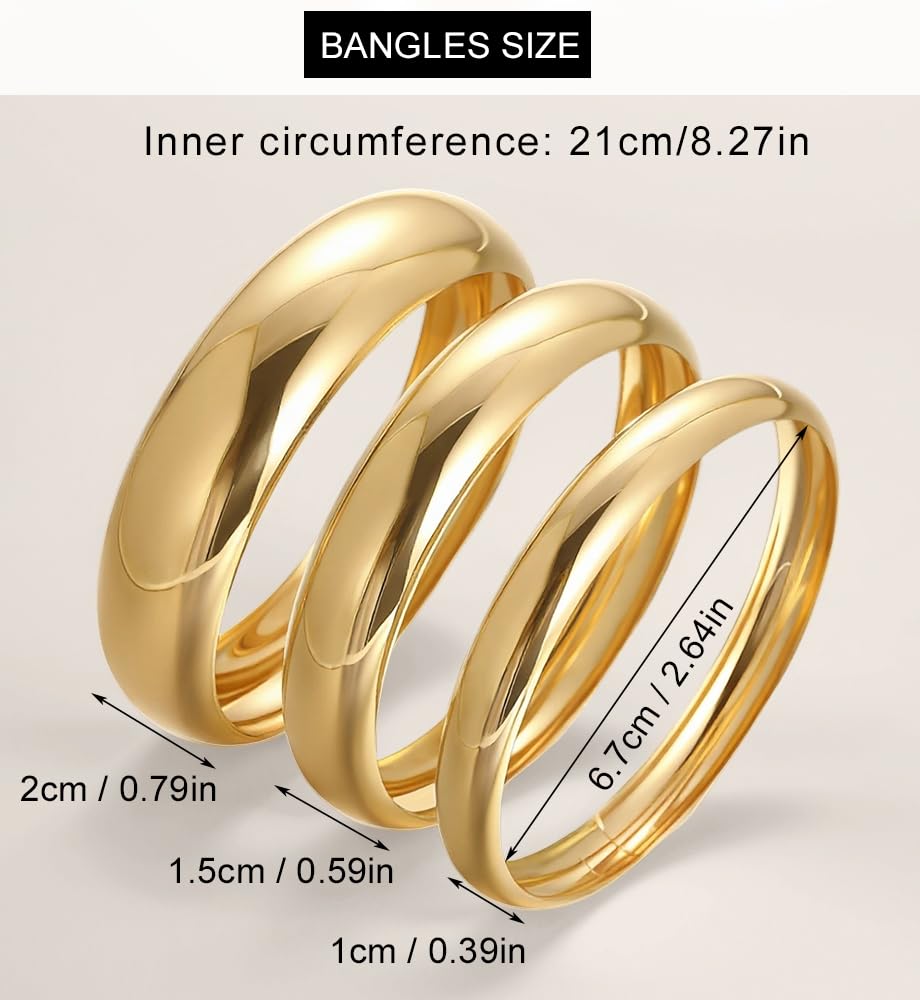 Chunky Gold Bangle Bracelets for Women, Dainty 14k Gold Plated Big Stackable Bangles Set, Trendy Statement Cuff Bracelet Stack Fashion Jewelry Gifts (3 Thick gold bangles)