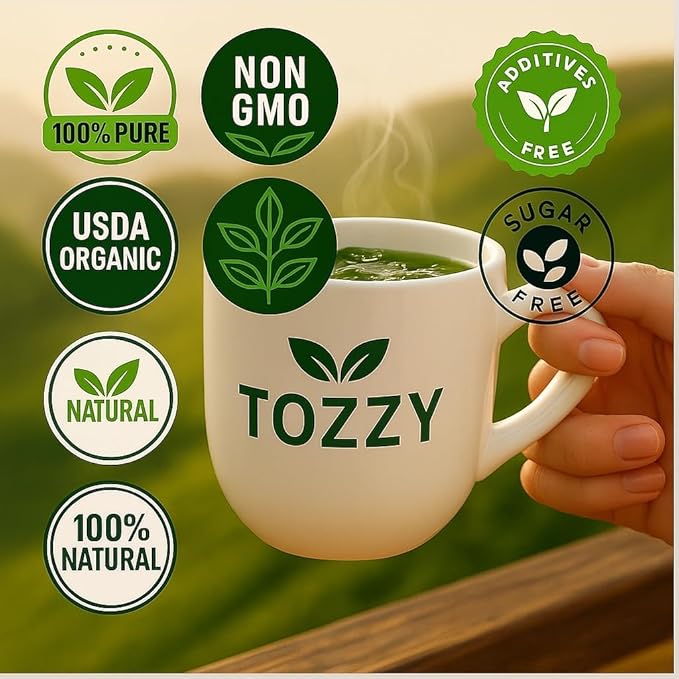 Tozzy Organic Matcha Green Tea – 100 Count, Plant-Based Pyramid Tea Bags | Ceremonial Matcha + Whole Leaf Sencha
