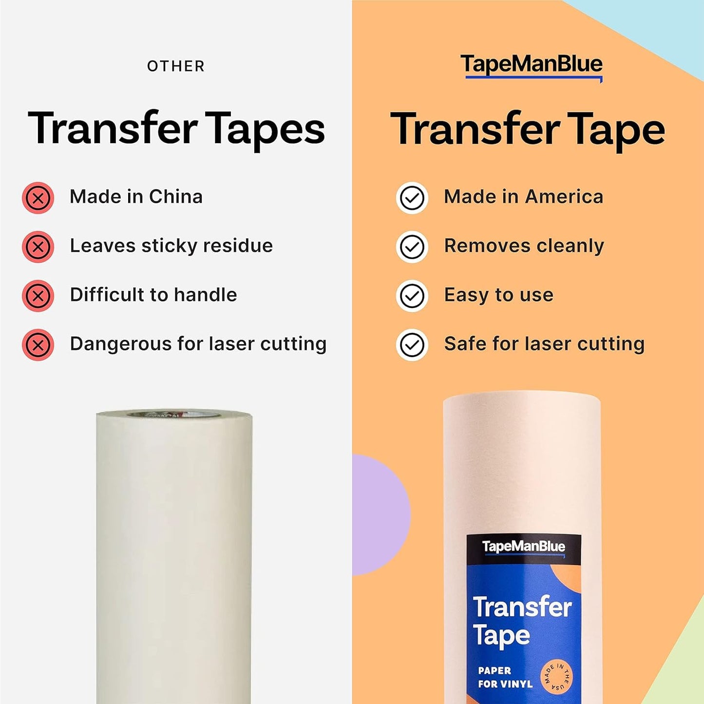 TapeManBlue Paper Transfer Tape for Vinyl, 12" x 300' Roll, Made in America, Premium Transfer Tape for Vinyl Graphics & Laser Cutting
