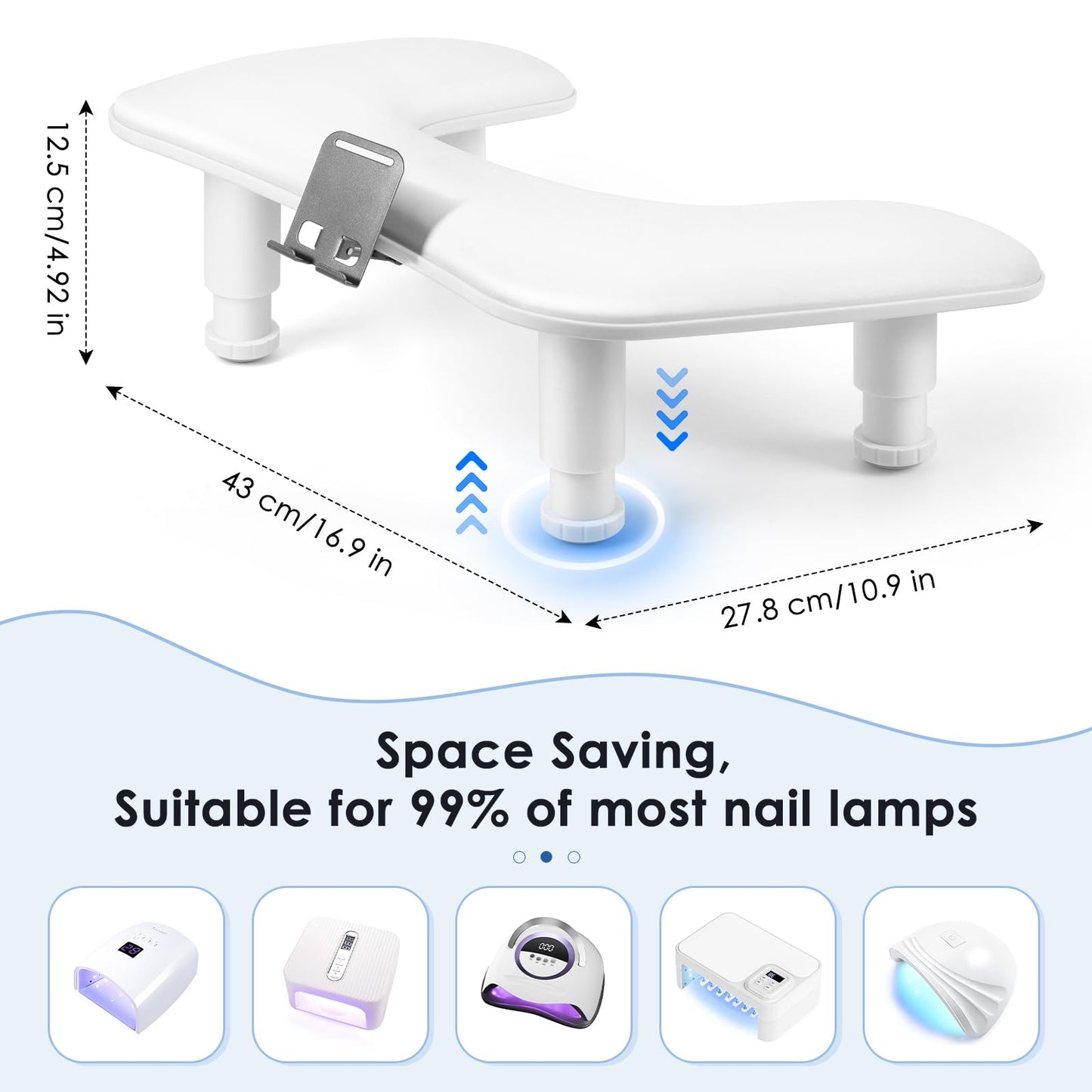 LIONVISON Arm Rest for Nails Tech: U Shaped Adjustable Height Ergonomic Nail Hand Rest Stand PU Leather with Rotating Phone Holder for Nail Salon Manicurist (White)