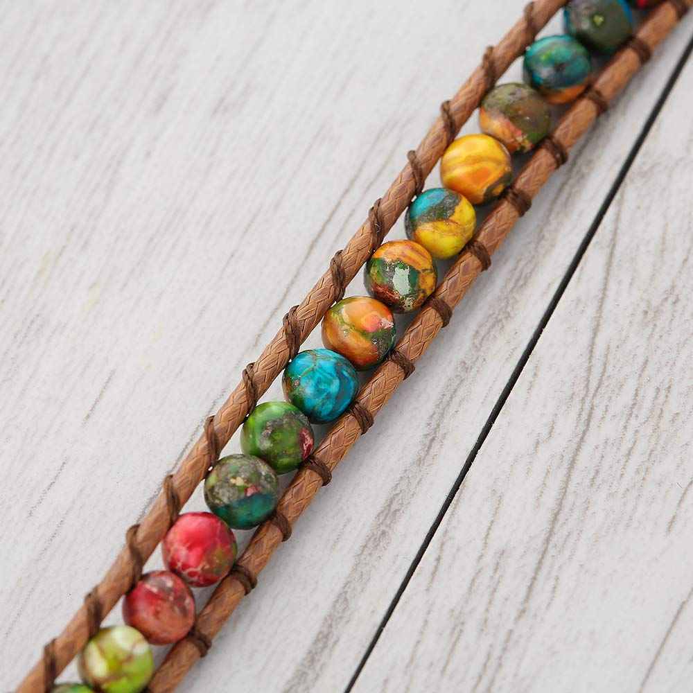 Plumiss Women Natural Imperial Jasper Beaded Vegan 3 Wrap Stackable Bracelet