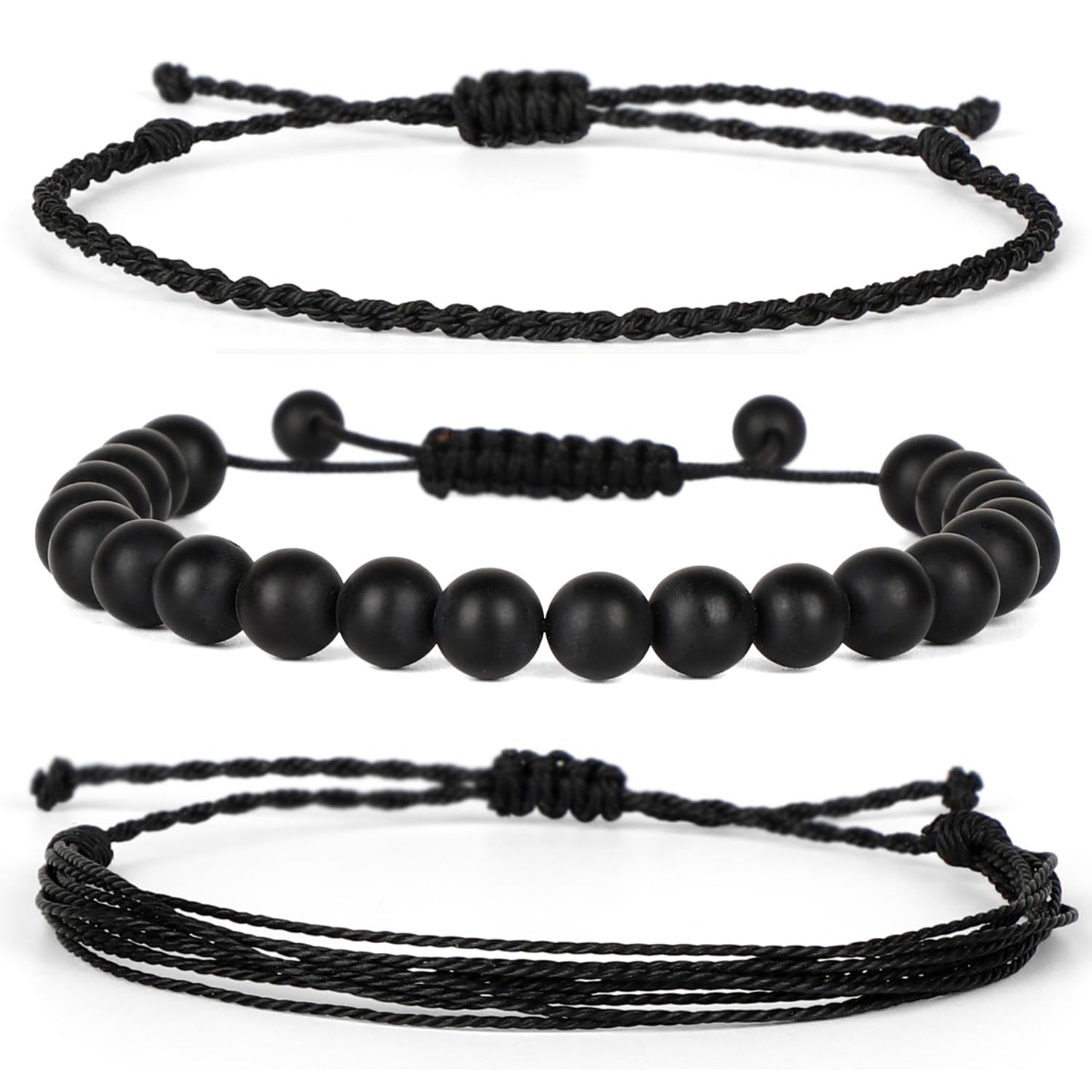 QOGIR Handmade Healing Bracelets, 8mm Matte Black Onyx Bracelet Black Beaded Bracelets for Men Women with 2PCS Size Adjustable Rope Bracelets
