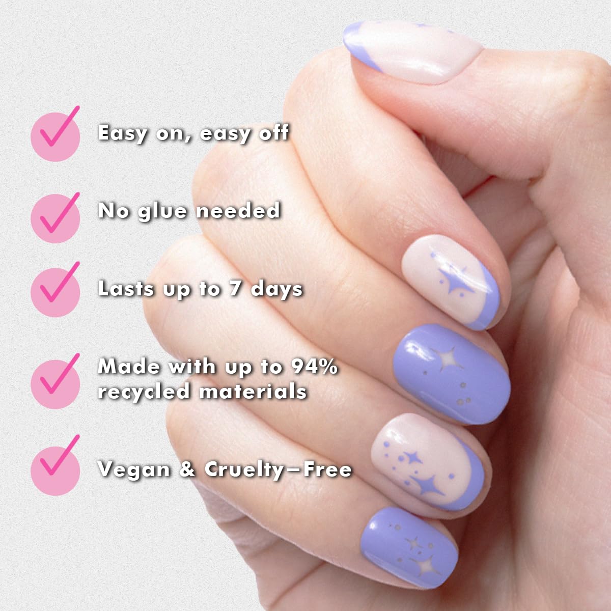 Olive & June Classic Super Stick Mani Press On Nails | No Glue Needed | 32 Tab Nails 16 Sizes | Non-Toxic Tabs Easy On-Off Non-Damaging Realist Look | 7-Day Wear | Short, Round | Mixed Purple Sparkle