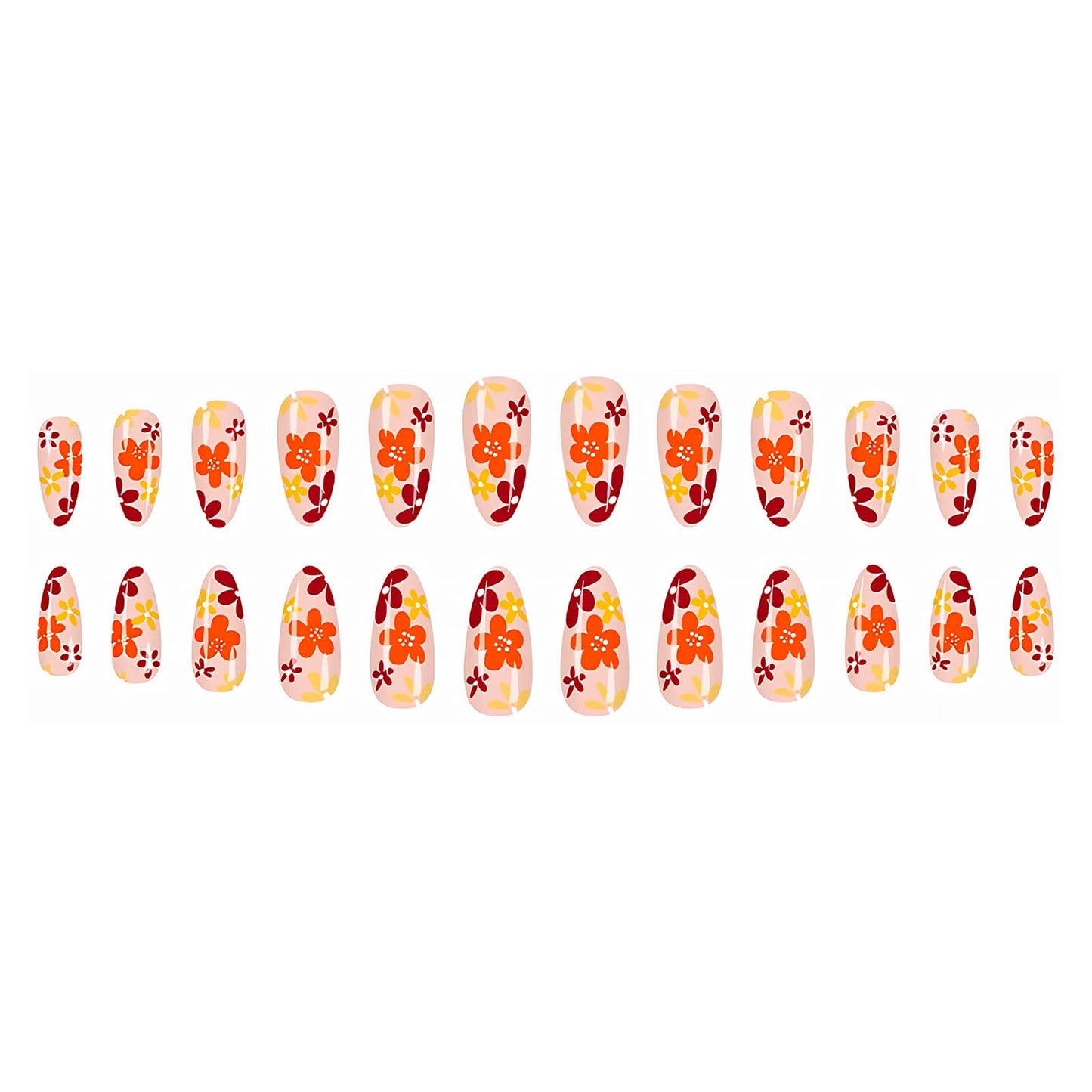 MISUD Press on Nails - Medium Almond Glue on Nails with Fall Brown, Acrylic Autumn Flower Design 24 pcs