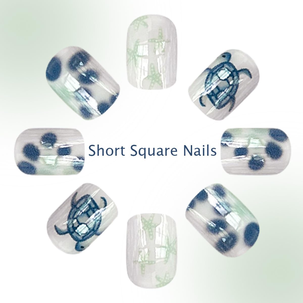 Summer Beach Press on Nails Short Square Fake Nails White Blue Nails Press ons with Starfish Turtle Design Reusable Artificial Nail Full Cover Glue on Nail Stick on Nails for Women Manicure 24 Pcs