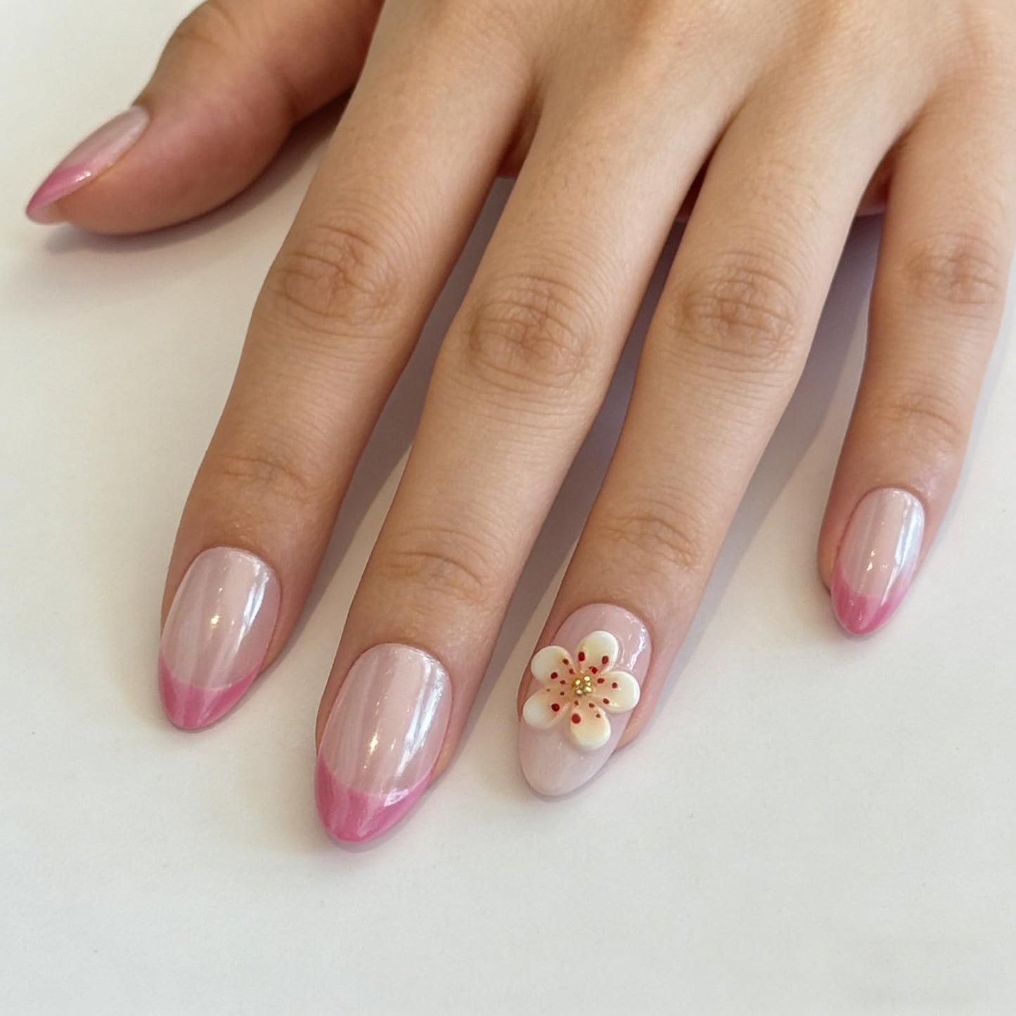Hand made Press on Nails Medium Pink French Tip Almond Shape Glossy Finish 3D Flower Charms Fake Nails for Women 10 Count M Size