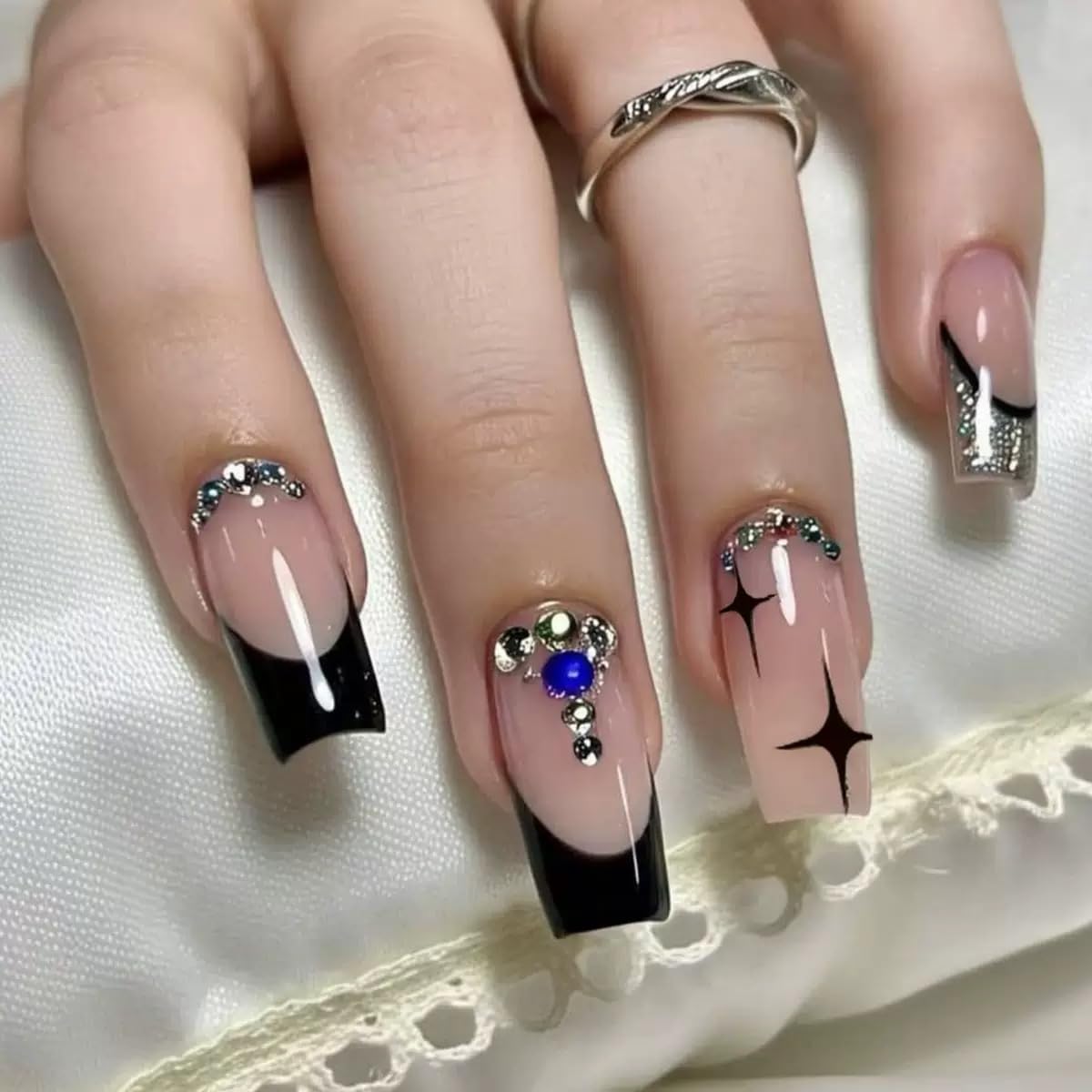 Medium Press on Square Nails - Black, Glitter French Tip with Rhinestone Design - Starburst Full Cover Stick on False Nails - for Women 24 Pcs