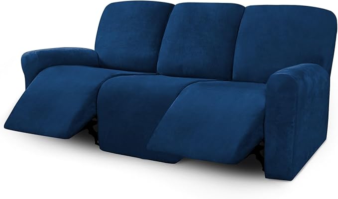 ULTICOR Velvet 8-Pieces Recliner Sofa Covers Stretch Reclining Couch Covers for 3 Cushion Reclining Sofa Slipcovers Furniture Covers Thick Soft Washable (3 Seater Recliner Cover, Navy)
