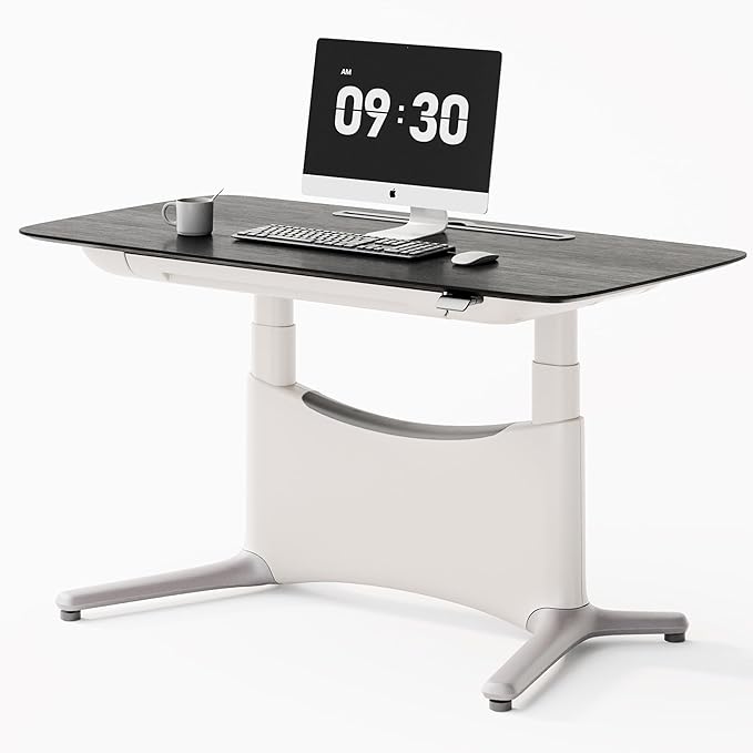 COLAMY Electric Standing Desk, Whole-Piece Gaming Desk with Dual Motors, Ergonomic Footrest, Drawers for Storage, Adjustable Height Sit-Stand Desk for Home Office (Veneer Desktop, Black Oak + White)