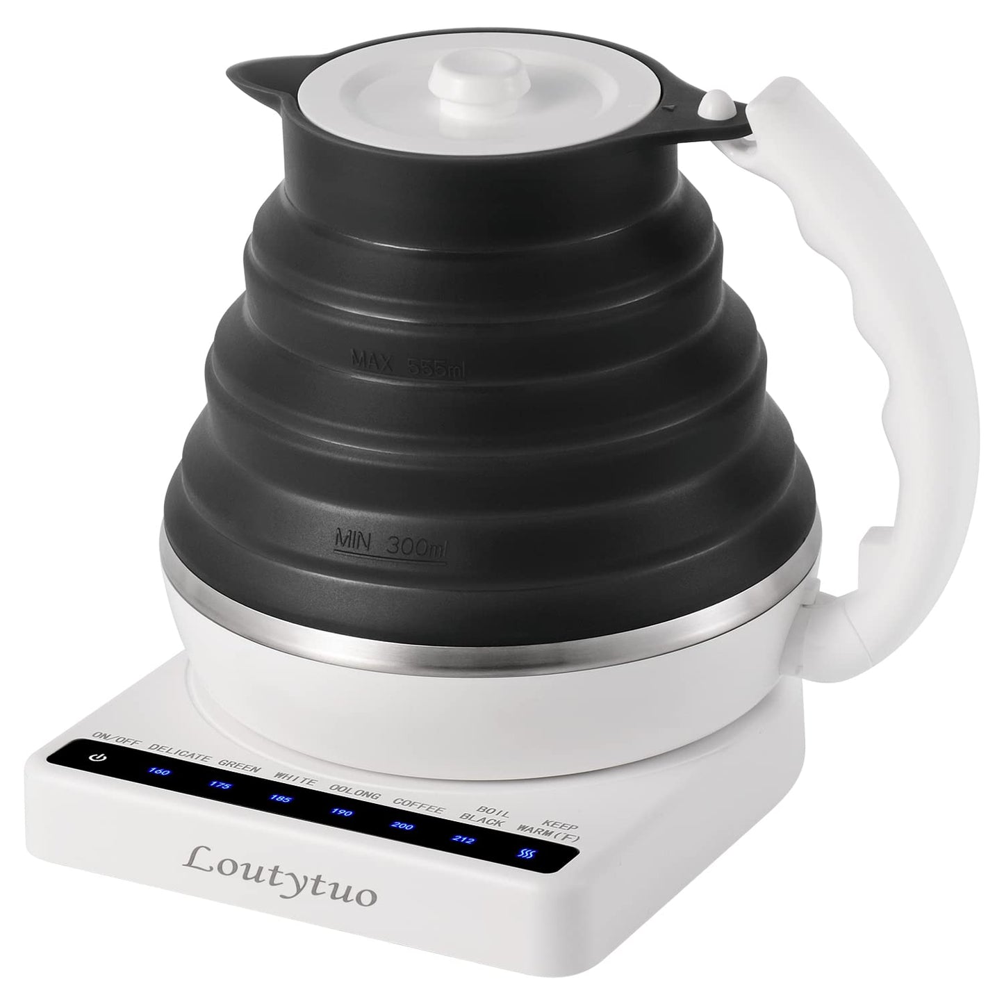 Ultrathin Food Grade Silicone Travel Foldable Electric Kettle Variable Temperature Control with Dual Voltage, Auto Shutoff & Boil Dry Protection & Keep Warm, 555ML 110-220V US Plug (Black)