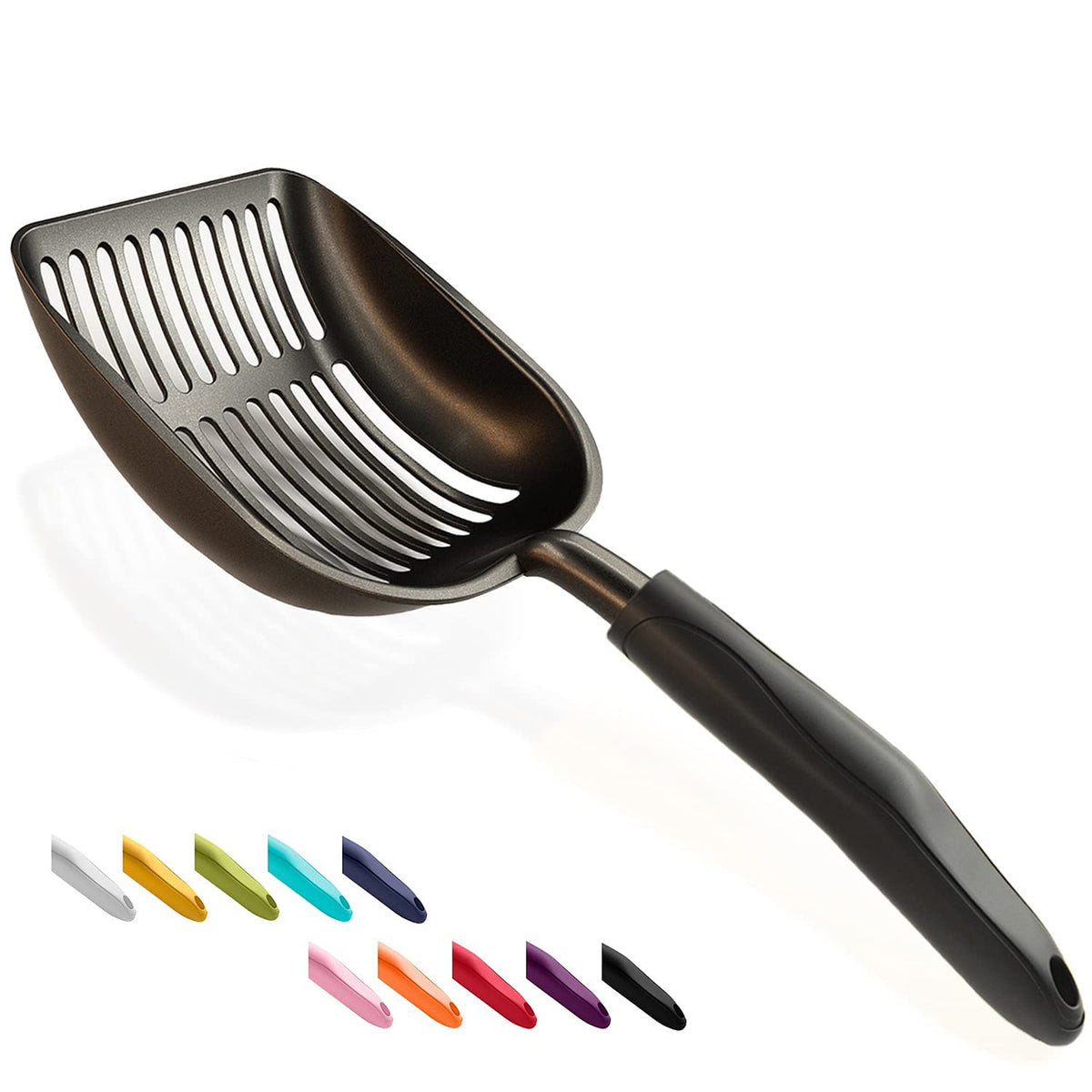 WePet Cat Litter Scoop, Non-Stick Plated Aluminum Alloy Sifter, Kitty Durable Metal Scooper, Deep Shovel, Long Handle, Kitten Pooper Lifter, Size Large, Coated Black Body with Pink Handle