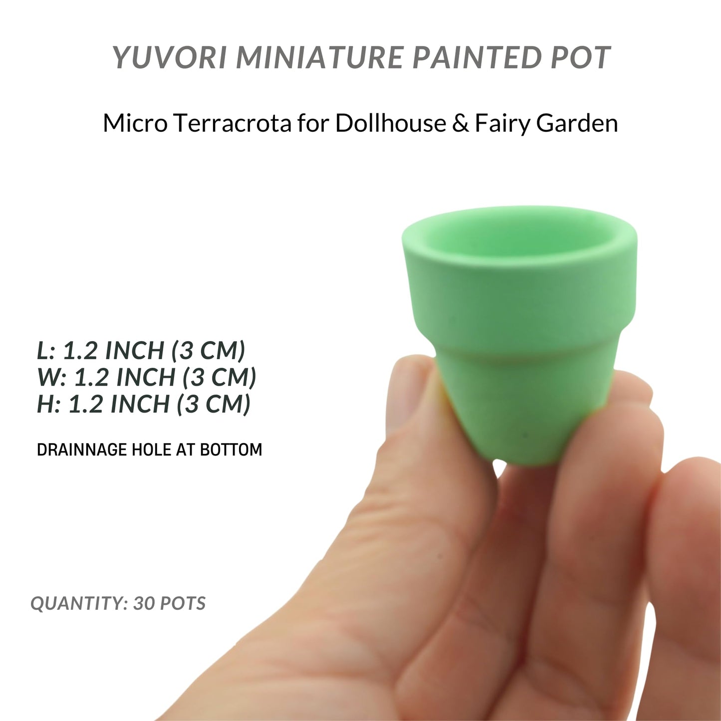 Yuvori Mini Pastel Terracotta Pots for Micro Gardens – 30 Pack, 1.7” Tiny Breathable Clay Planters, Macaron Colors, for Moss, Fairy Gardens, Dollhouses, and Succulents (Painted Green, 1.2 Inch)