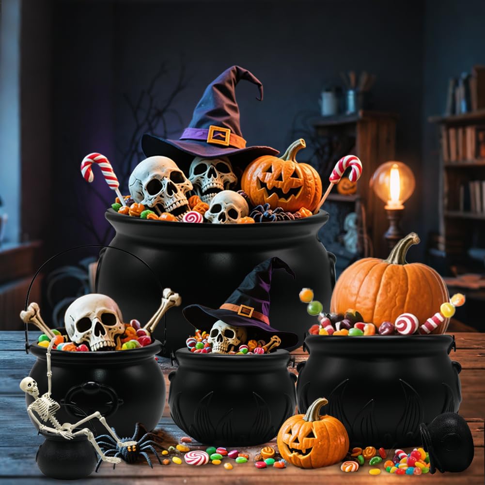 Witch Cauldron Halloween Decoration, 10 in 1 Package Large Black Plastic Candy Bowl Set, Cauldron Kettle Candy Holder Containers for Halloween Party Decor & Trick-or-Treat Bowl