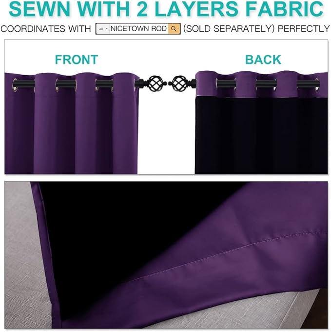 NICETOWN Kitchen Full Blackout Curtain Panels, Super Thick and Soft Insulated Window Covers, 100% Blackout Draperies with Black Backing for Cafe Window (Royal Purple, Set of 2 PCs, 52 by 45-inch)
