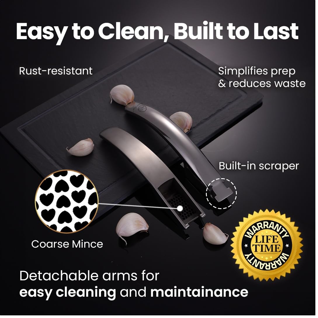 No Peeling Required Garlic Press Stainless Steel with Detachable Handle for Coarse Mincing - Premium Garlic Mincer Tool, Rust-Proof, Easy to Clean, Dishwasher Safe Garlic Crusher, Lifetime Replacement